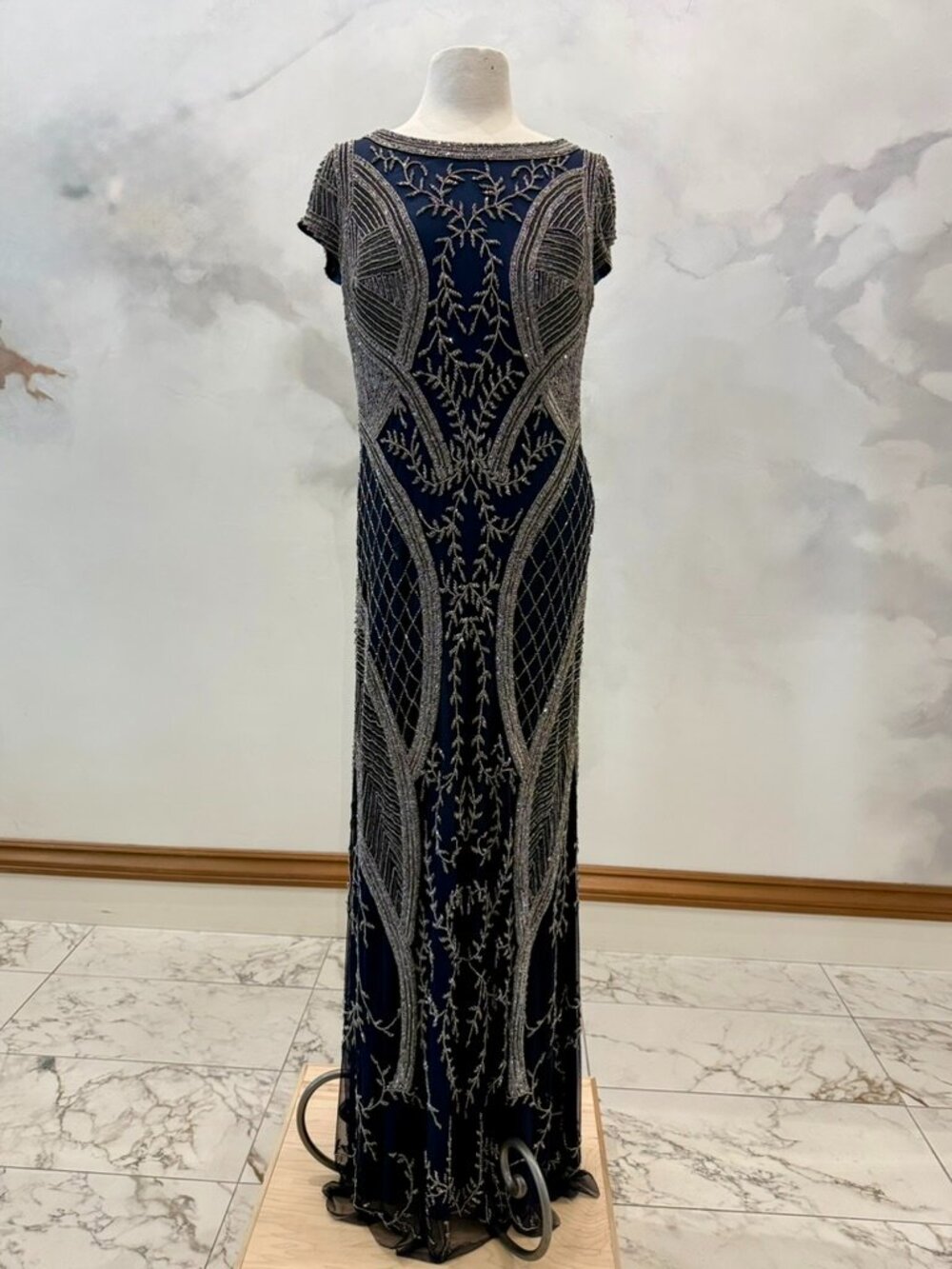 Lara Dresses 33609 Cap Sleeve Beaded Mesh Gown Navy Blue Size 16